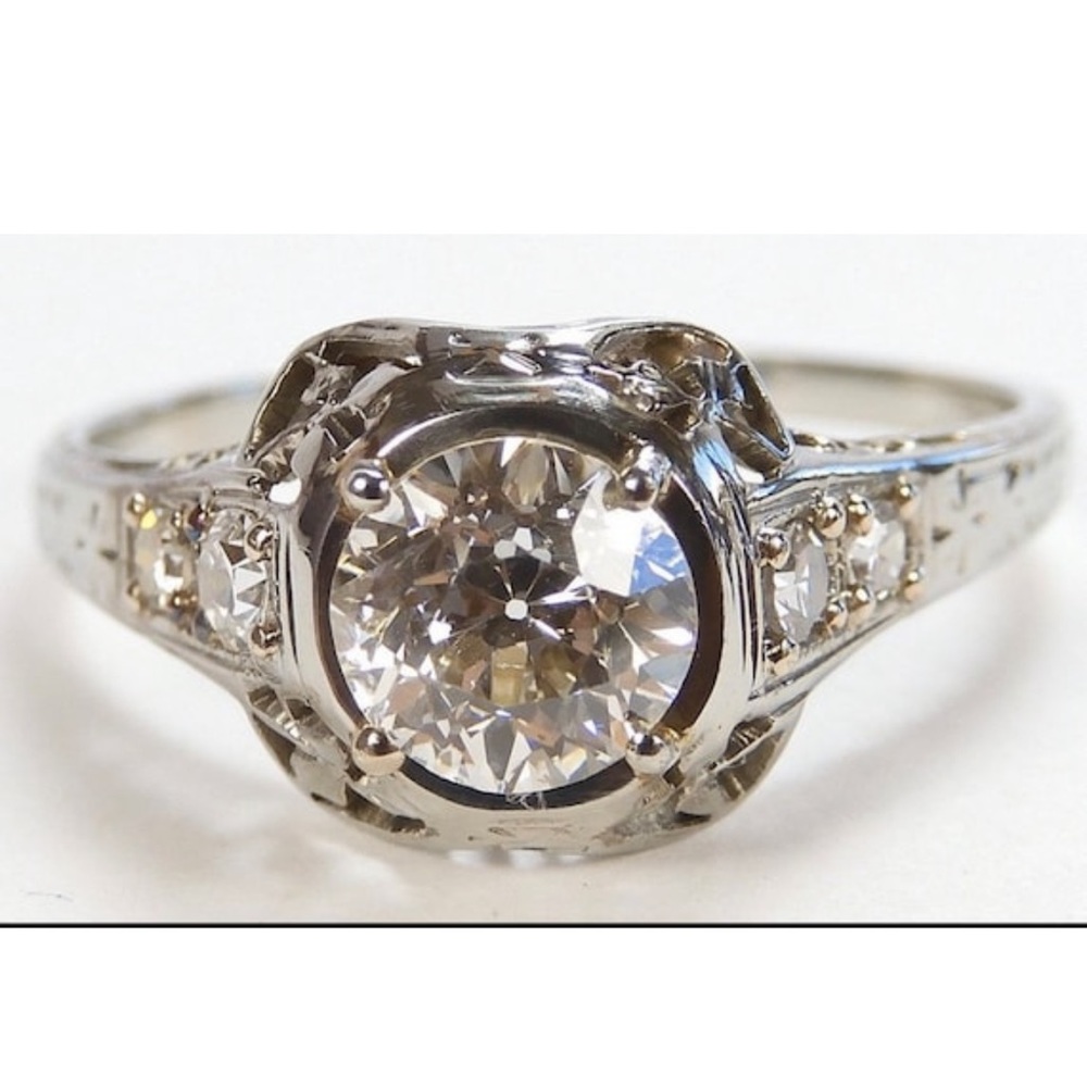Art Deco 97ct 1920s Antique Old European Cut Diamond 18k white gold ring estate - Picture 5 of 14